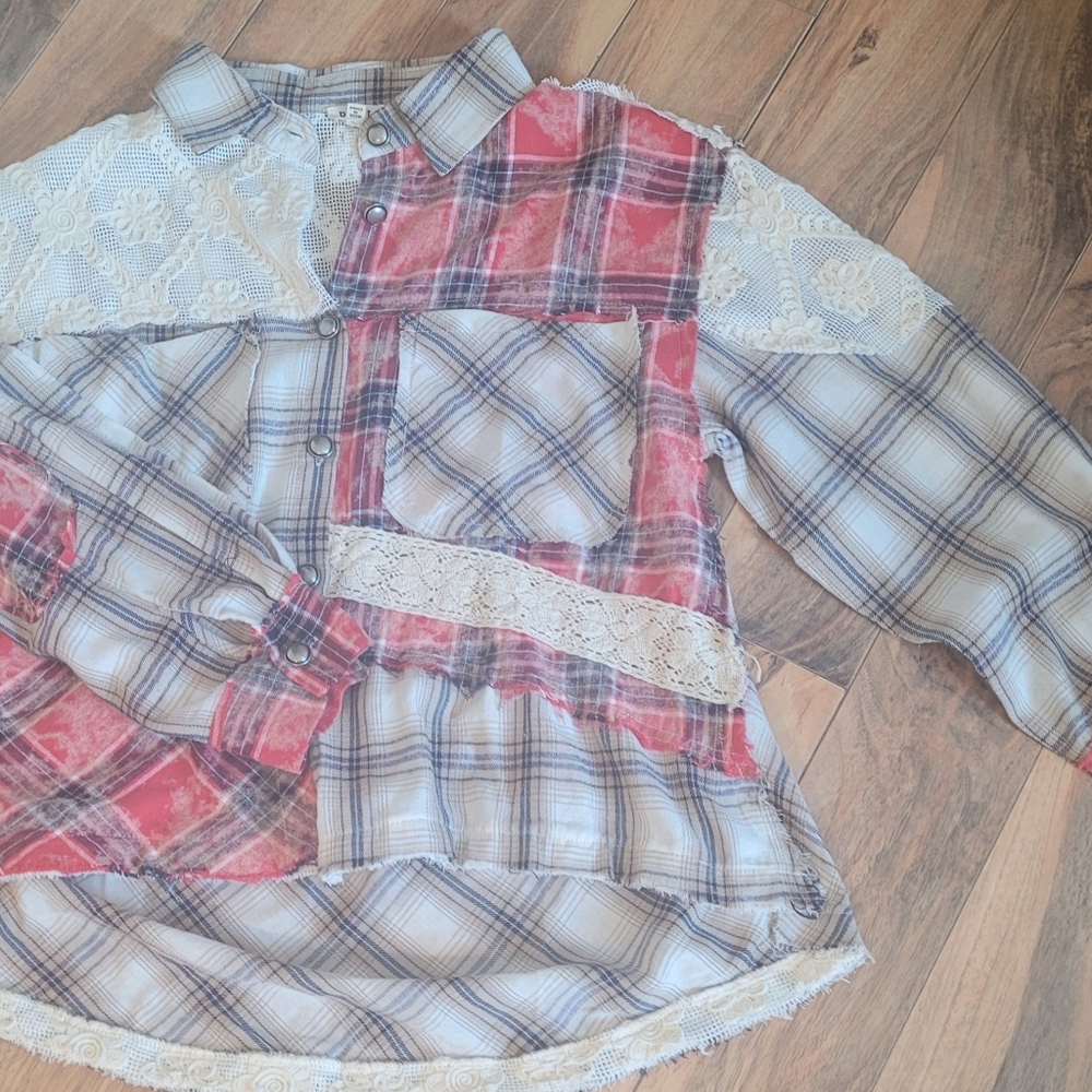 Pol Lace Patchwork Mixed Plaids Button-Front Top/… - image 3